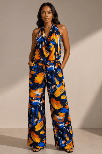 Abstract Brushstroke Halter Jumpsuit - CM & UZ STYLES LTD
