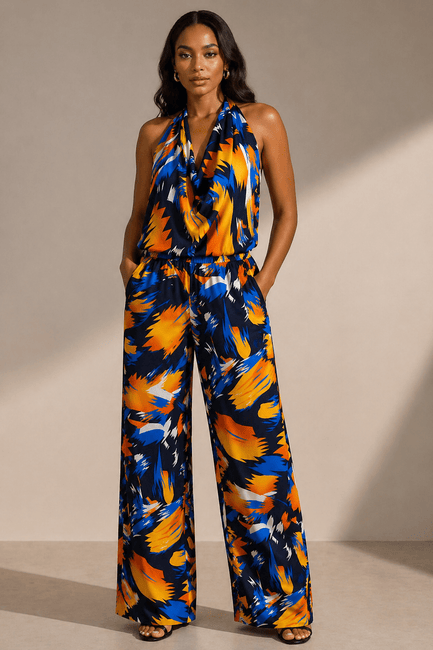 Abstract Brushstroke Halter Jumpsuit - CM & UZ STYLES LTD